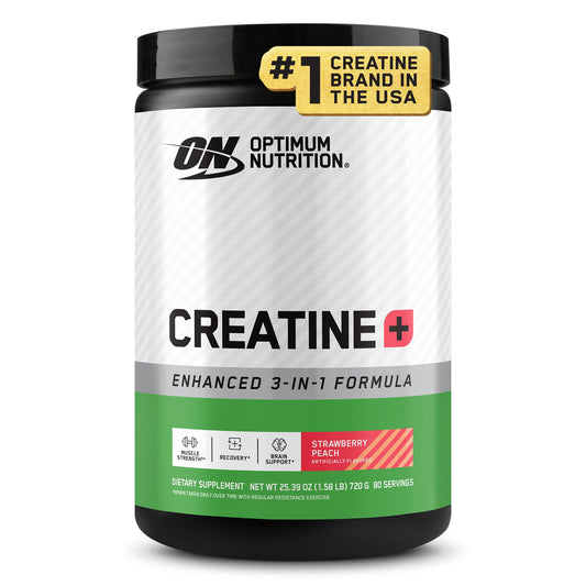 Optimum Nutrition Creatine Monohydrate Plus bottle promotes training support.