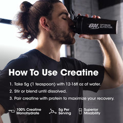 Optimum Nutrition creatine monohydrate tub close-up highlights quality