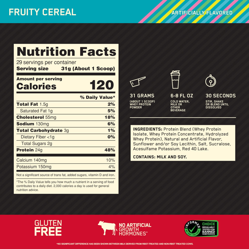 Optimum Nutrition Fruity Cereal whey scoop beside tub for post-workout shake.