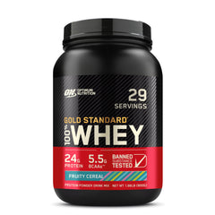 Optimum Nutrition Fruity Cereal whey tub front showing high-quality protein for workouts.