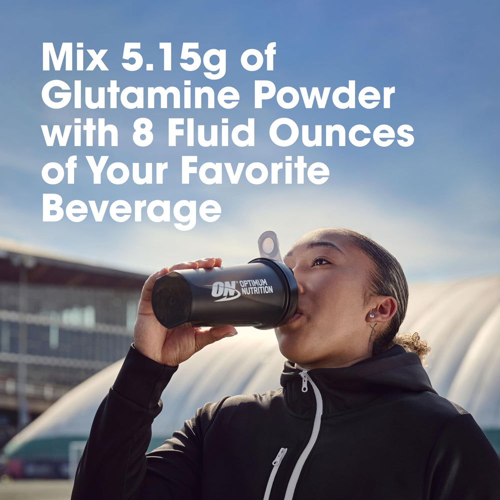 Optimum Nutrition L-Glutamine powder container with clear label details
