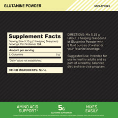 Optimum Nutrition L-Glutamine powder scoop shows 5 g servings for easy dosing