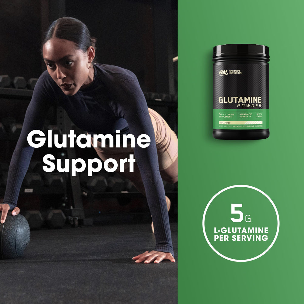 Optimum Nutrition L-Glutamine powder shaker ready with shakes