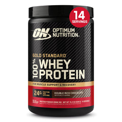 Optimum Nutrition Gold Standard 100% Whey Double Rich Chocolate front view highlighting protein quality for muscle support