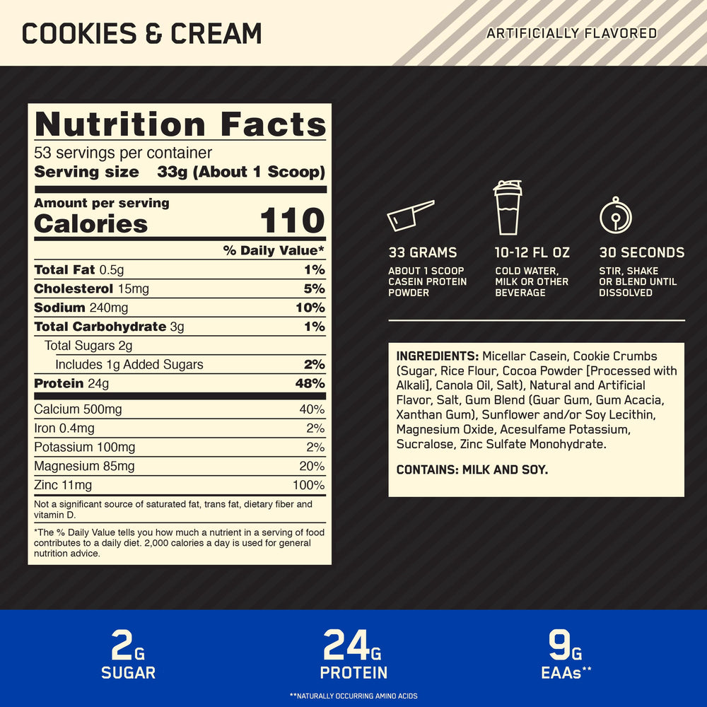 Optimum Nutrition Gold Standard Casein Cookies and Cream shaker ready for mixing