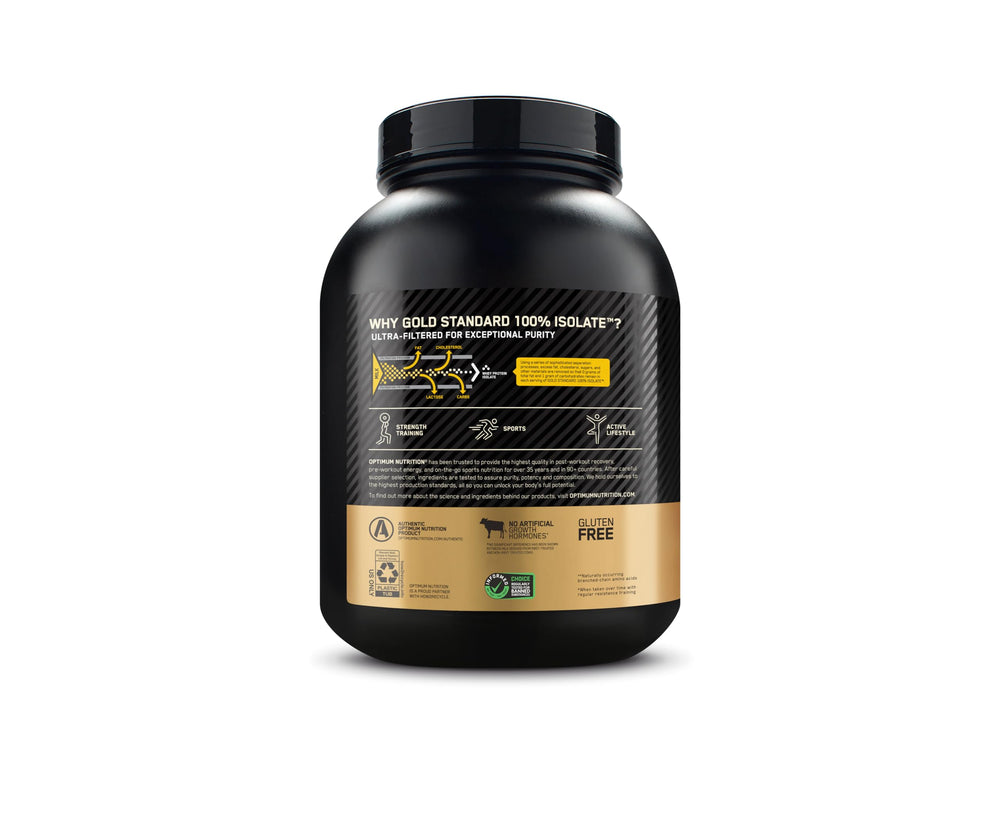 Optimum Nutrition Gold Standard Isolate banned-substance test seal assuring quality.