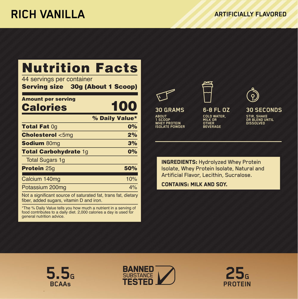 Optimum Nutrition Gold Standard Isolate scoop with vanilla powder for a quick protein boost.