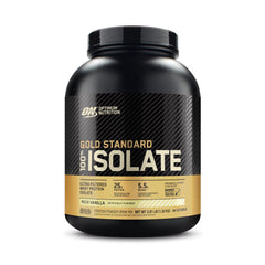 Optimum Nutrition Gold Standard Isolate vanilla bottle shows a high-protein powder for workouts.