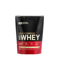 Optimum Nutrition Gold Standard Vanilla Ice Cream tub showing high-protein option.