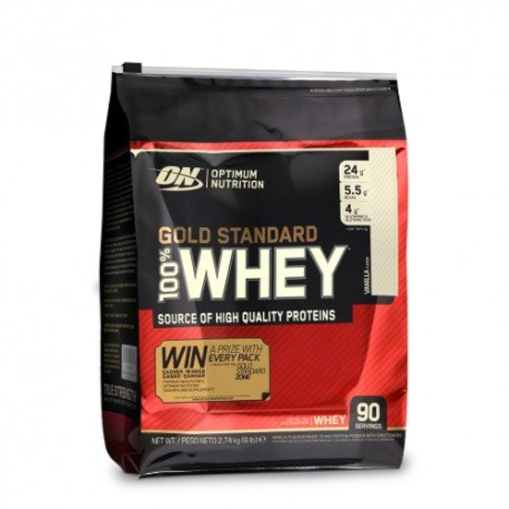Optimum Nutrition Gold Standard Whey Delicious Strawberry powder close-up on the label