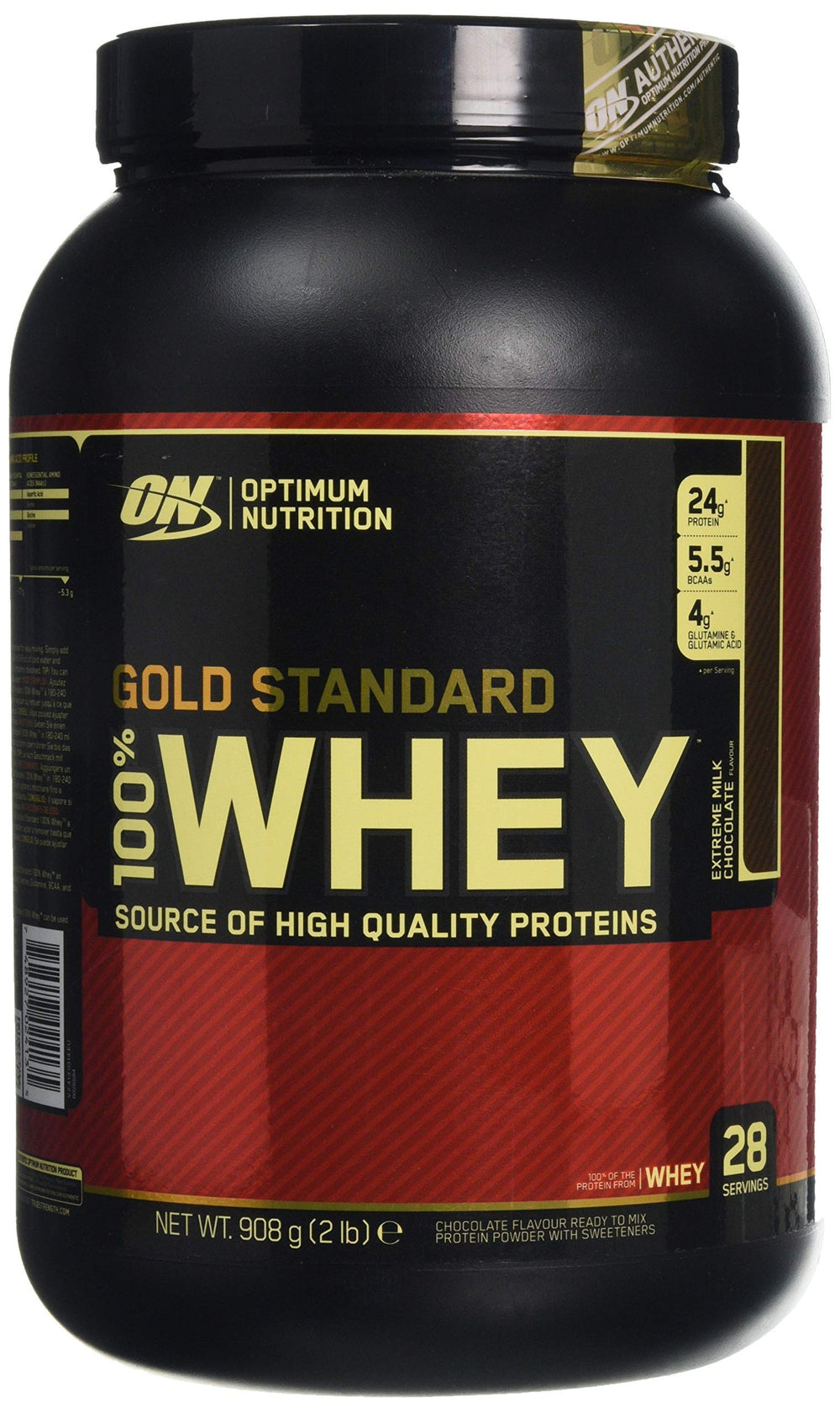 Optimum Nutrition Gold Standard Whey Extreme Milk Chocolate tub with scoop, signaling post-workout protein support.