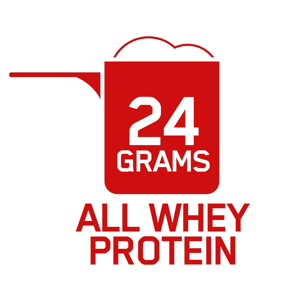 Pouring a smooth milk chocolate protein shake from a shaker bottle.