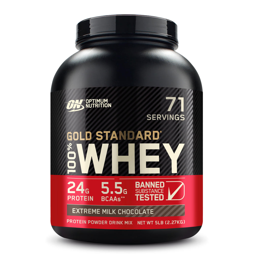 Optimum Nutrition Gold Standard Whey extreme milk chocolate bottle showcases post-workout protein.