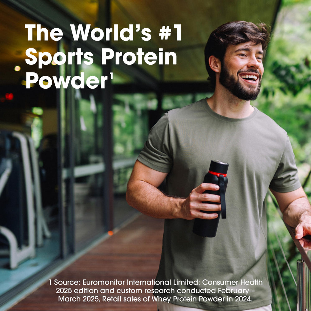 Optimum Nutrition Gold Standard Whey powder pour demonstrates convenient on-the-go protein
