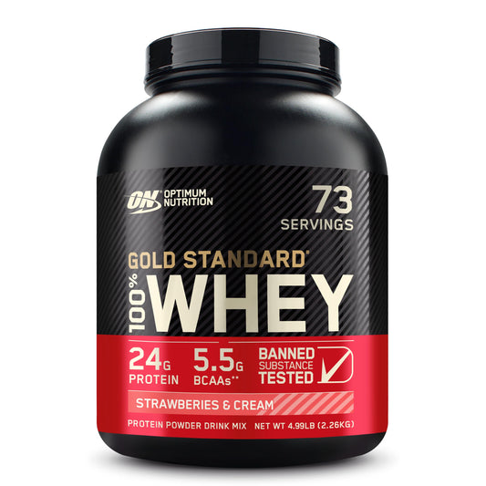 Optimum Nutrition Gold Standard Whey strawberries-cream 5lb bag for high-protein muscle support.