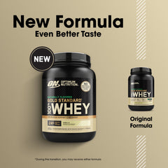 Optimum Nutrition Gold Standard whey vanilla label highlights blend and protein quality