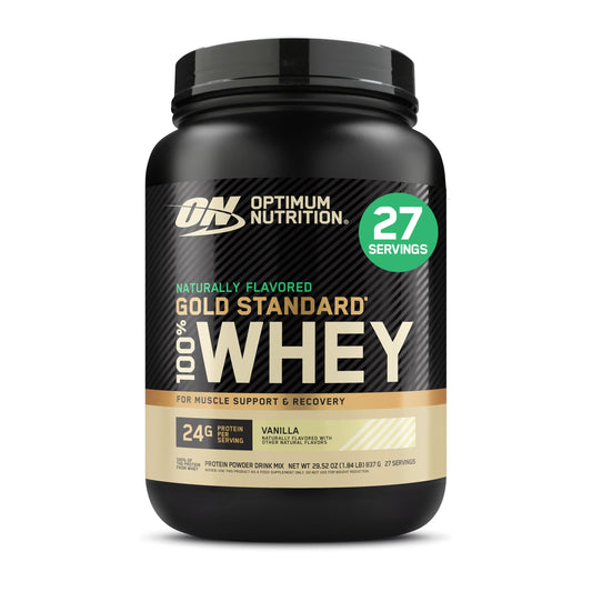 Optimum Nutrition Gold Standard vanilla whey powder in a jar supports lean muscle