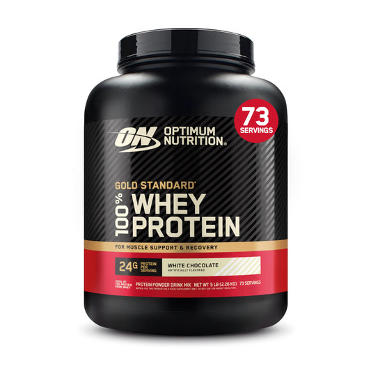 Optimum Nutrition Gold Standard whey tub front view for post-workout protein support