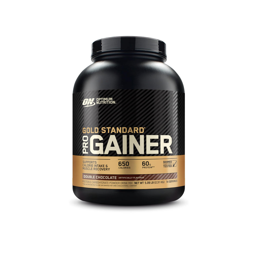 Optimum Nutrition GS Pro Gainer bottle showing a dense, high-calorie post-workout shake