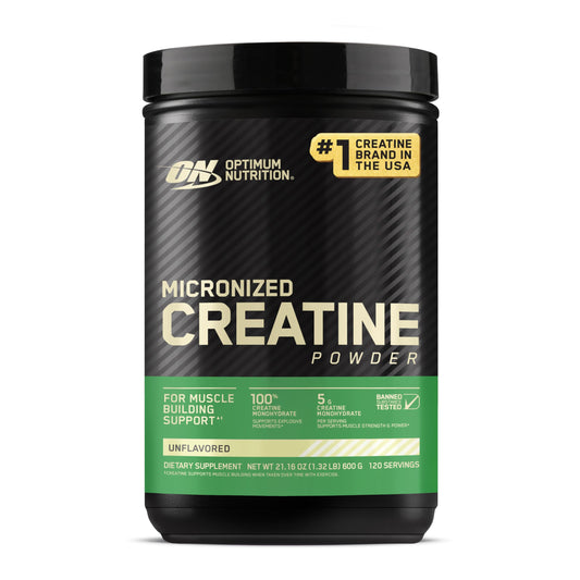 Optimum Nutrition micronized creatine monohydrate powder in a tub for easy mixability