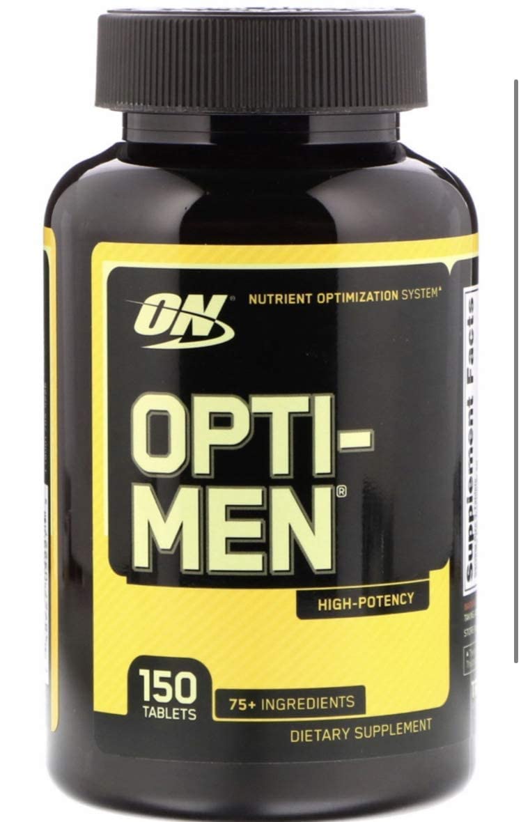 Optimum Nutrition Opti-Men label close-up with dosage information.