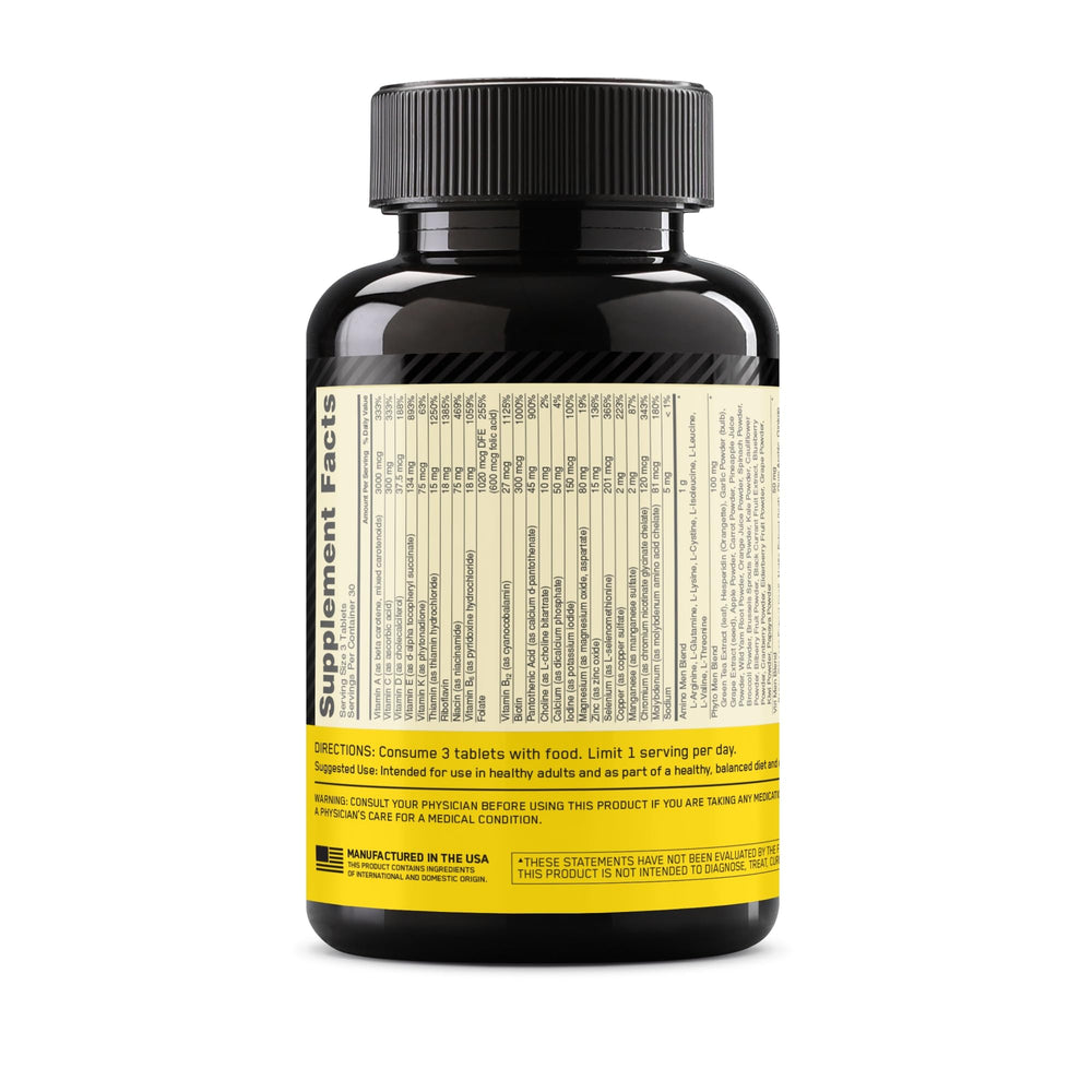 Optimum Nutrition Opti-Men nutrition facts panel displays 75+ ingredients and blends