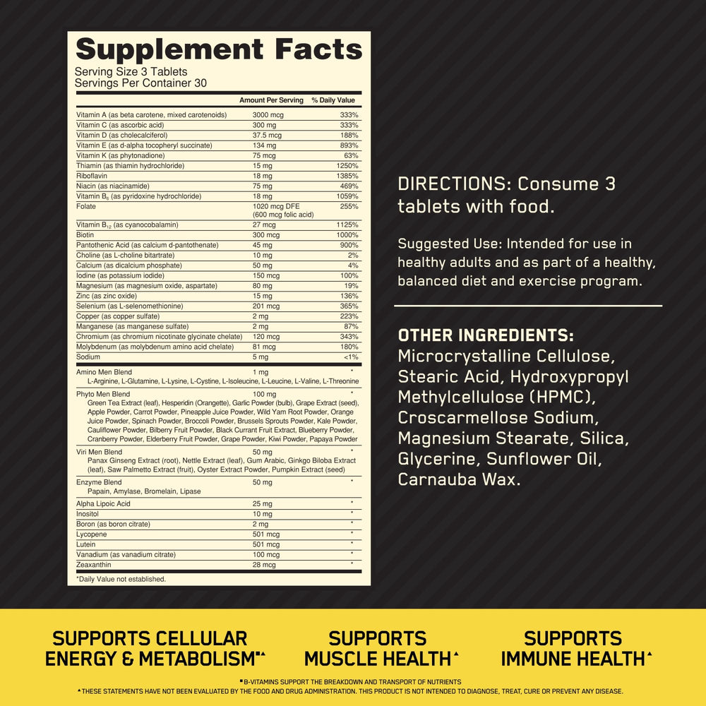 Optimum Nutrition Opti-Men tablets daily dose supports energy and immune health