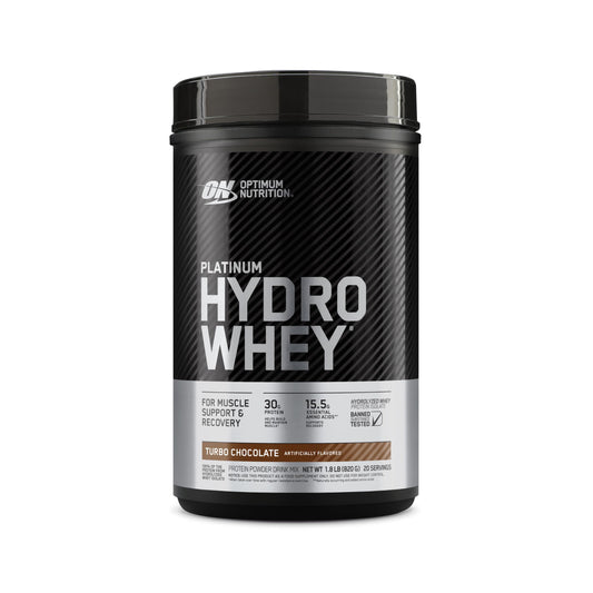 Optimum Nutrition Platinum Hydrowhey Turbo Chocolate tub front for fast protein delivery.