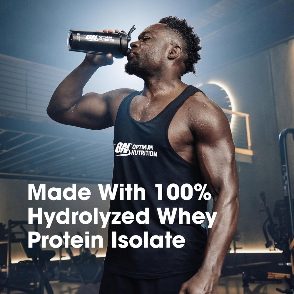 Optimum Nutrition Platinum Hydrowhey Velocity Vanilla jar close-up emphasizing quality ingredients.