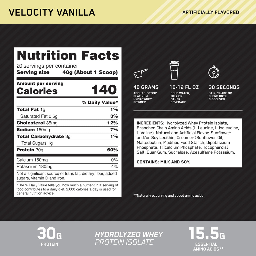 Optimum Nutrition Platinum Hydrowhey Velocity Vanilla scoop showing easy portion control.