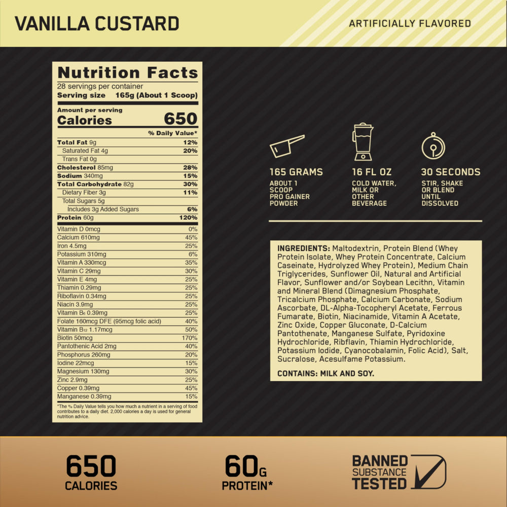 Optimum Nutrition Pro Gainer Vanilla Custard label shows 650 calories per serving.