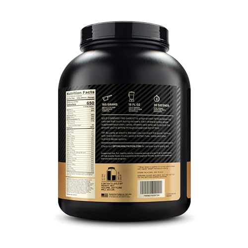 Optimum Nutrition Pro Gainer Vanilla Custard powder close-up with nutrition facts.