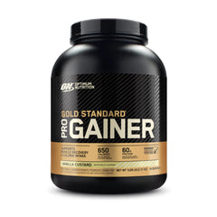 Optimum Nutrition Pro Gainer Vanilla Custard shake in glass for post-workout recovery.