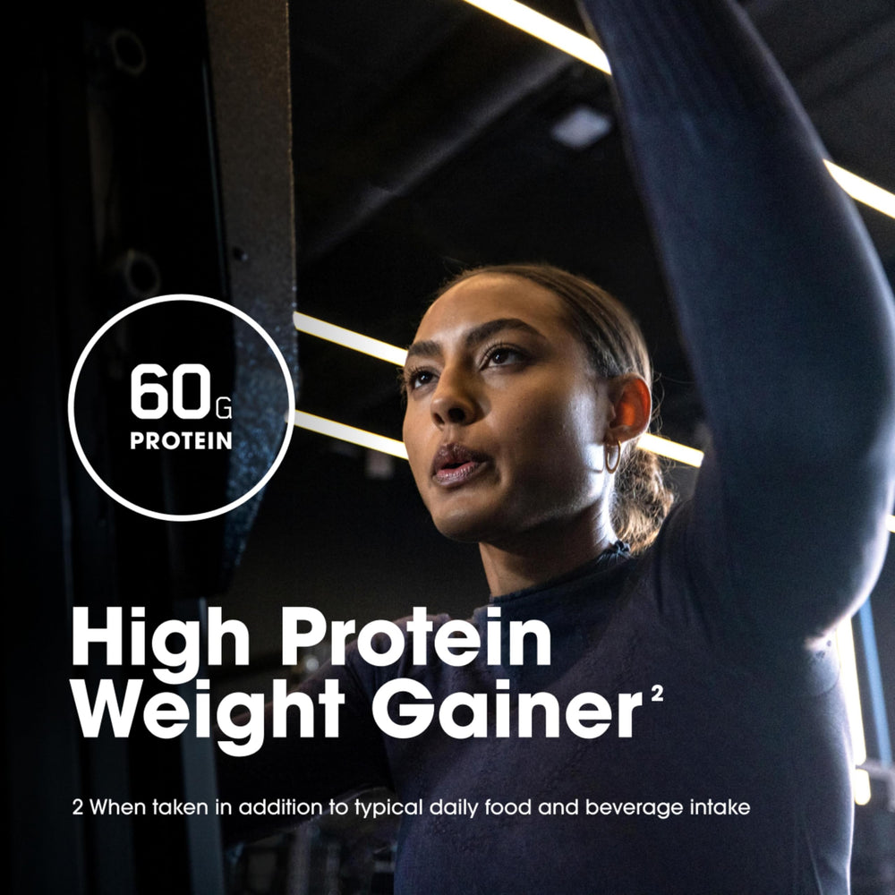 Optimum Nutrition Pro Gainer Vanilla Custard container emphasizes sugar under 8 g.