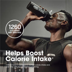 Optimum Nutrition Serious Mass blender with fruits illustrates shake customization.