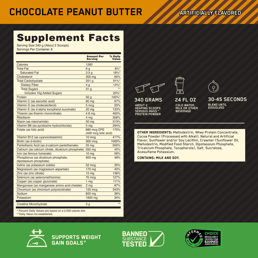 Serious Mass scoop beside measuring cup for servings