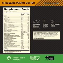 Serious Mass scoop beside measuring cup for servings