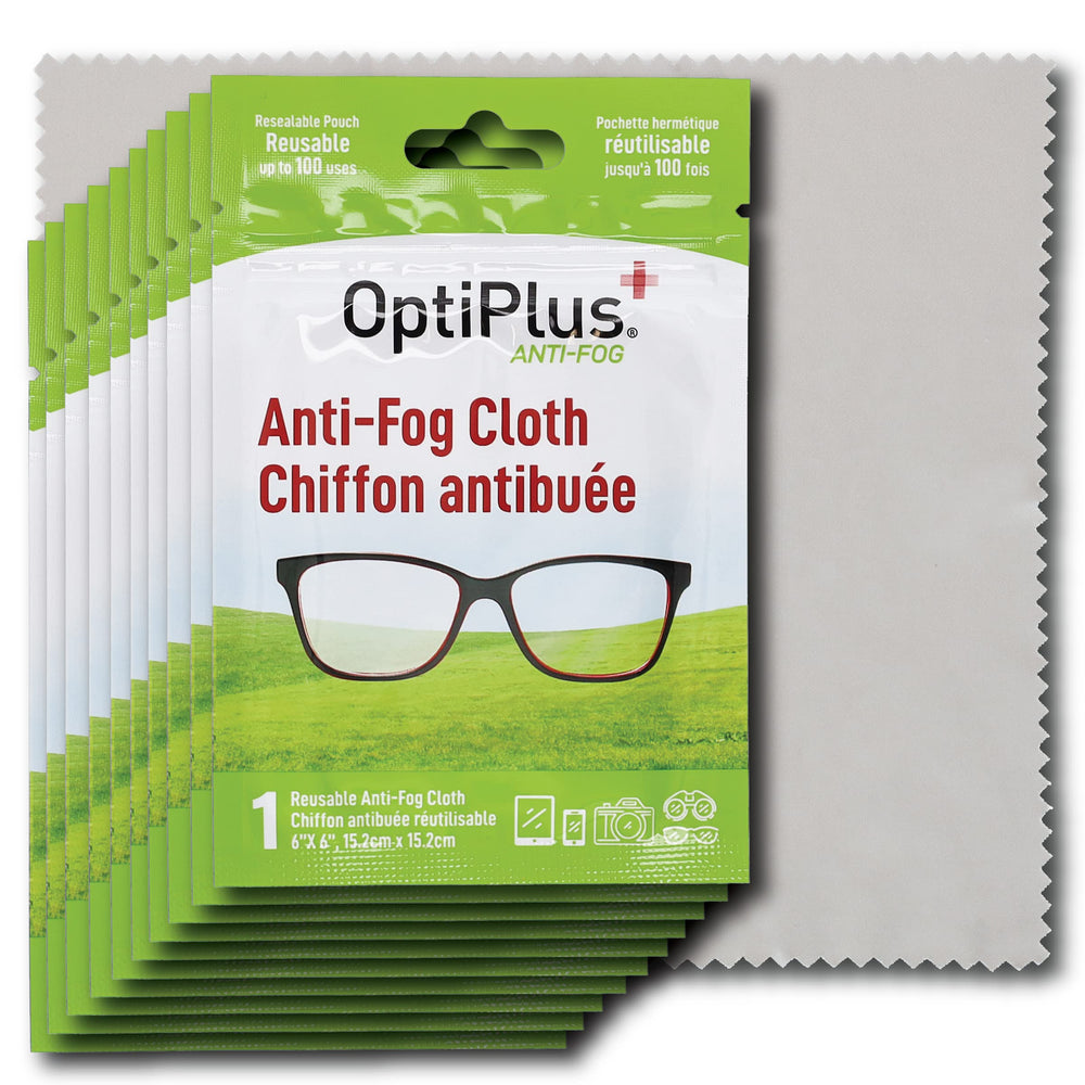 OptiPlus anti-fog cloth in pack closeup showing quick fog reduction
