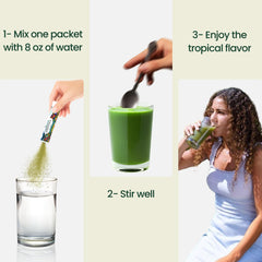 OPTIVIDA Daily greens powder serving pack offers convenient, recipe-friendly nutrition for busy mornings.