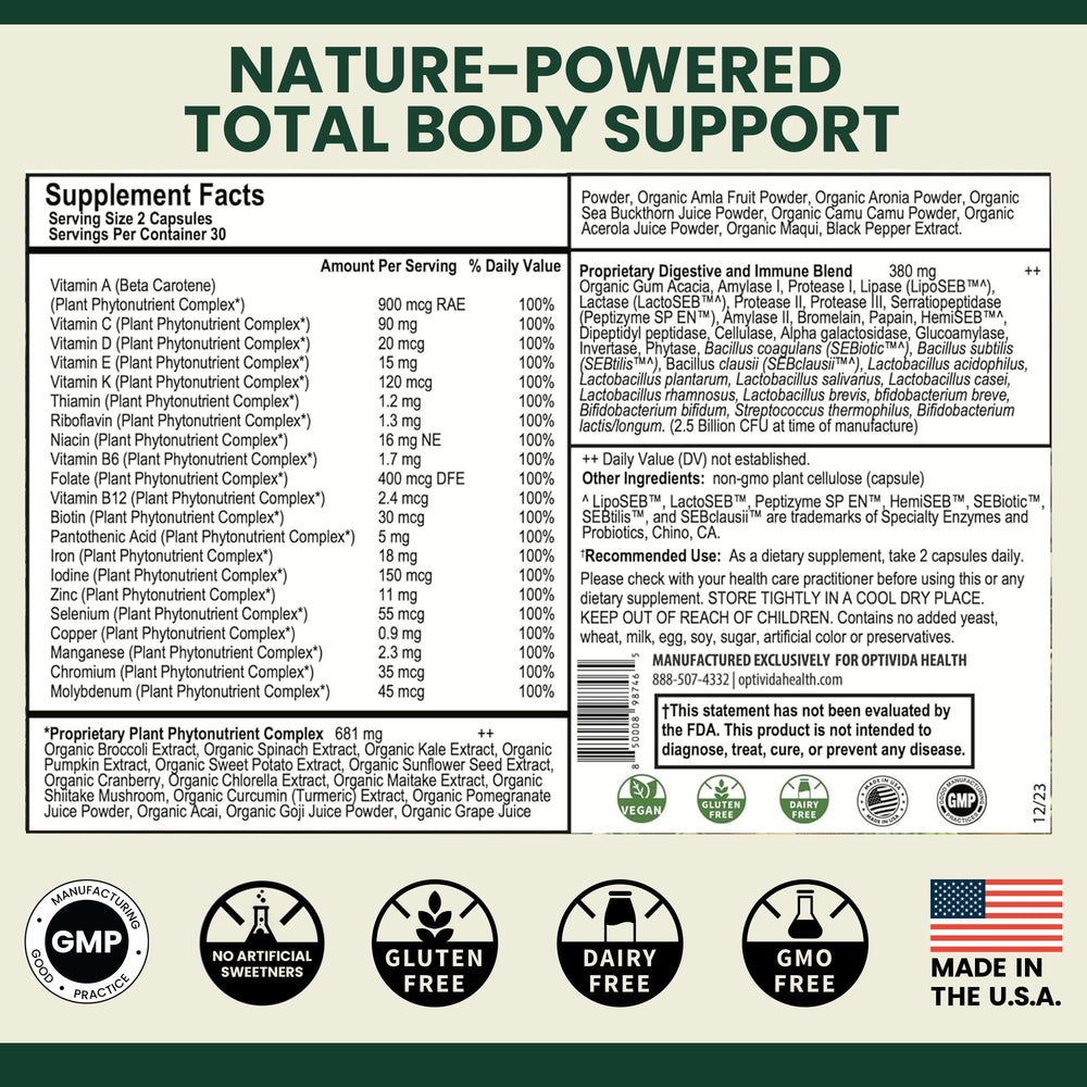 OPTIVIDA fruits and vegetables blend representing organic whole-food sources