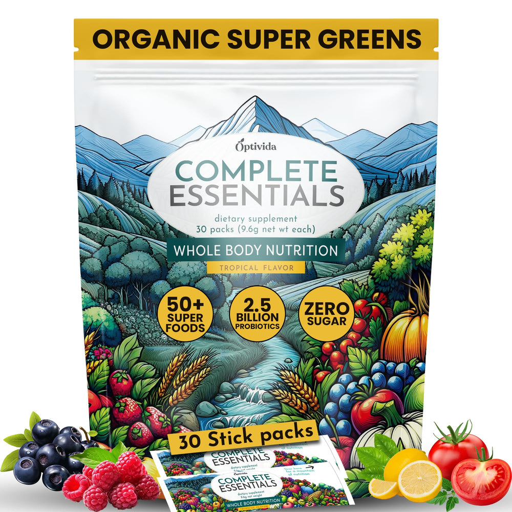 OPTIVIDA Fruits and Veggie Mix Packets on the counter provide a quick greens boost.