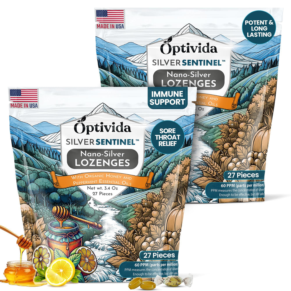 OPTIVIDA Nano Colloidal Silver Lozenges front pack for easy immune-support on the go.