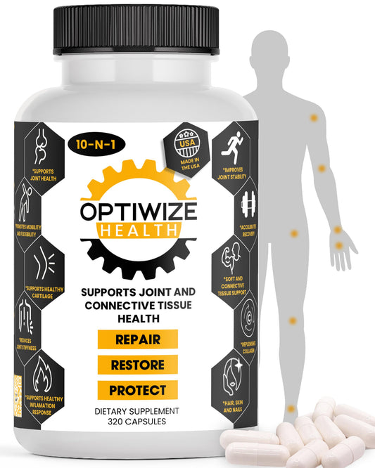 OptiWize 10-N-1 bottle label showing blend and USA-made quality for joint support.