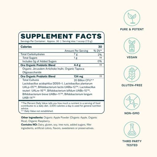 Ora Organic 20B CFU probiotic with 7 strains for gut health.
