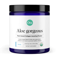 Ora Organic Aloe Gorgeous powder tub, vegan collagen support for skin and nails.