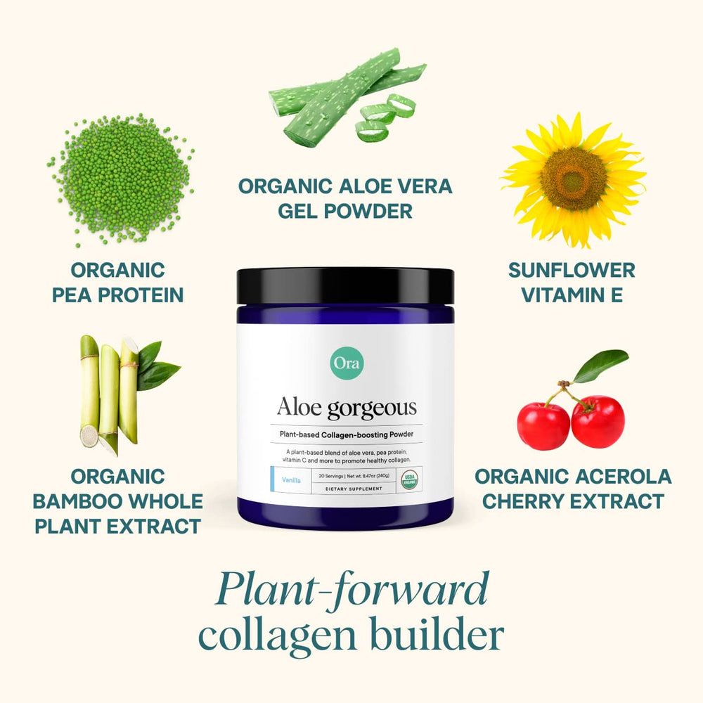 Ora Organic Aloe Gorgeous scoop with powder for convenient daily vegan boost.