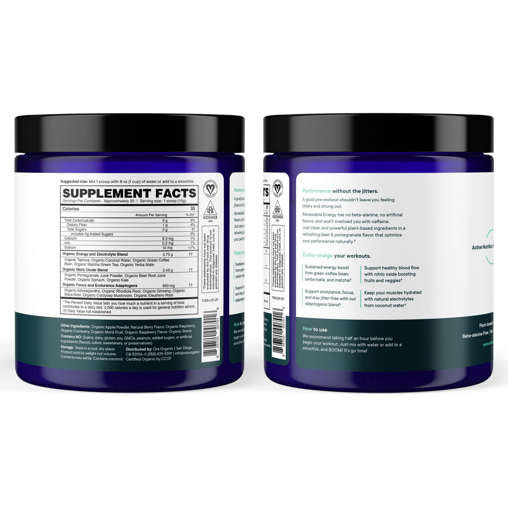 Label shows Ora Organic Berry Beet pre-workout, 20 servings