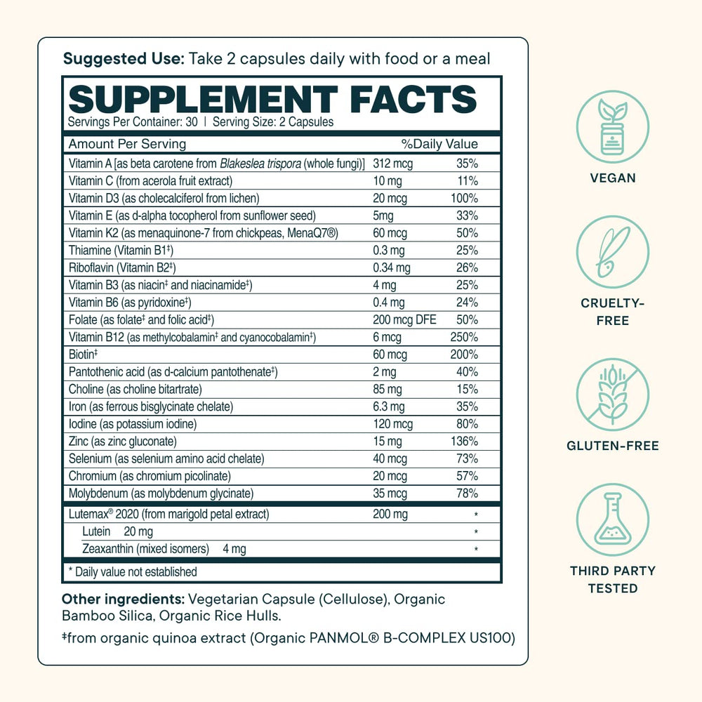 Ora Organic Modern Multi bottle back label highlighting vegan ingredients and quality.