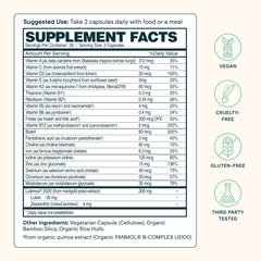 Ora Organic Modern Multi bottle back label highlighting vegan ingredients and quality.