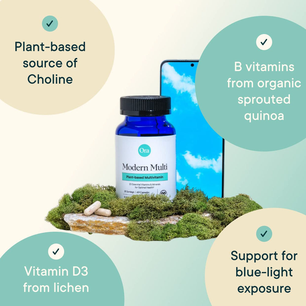 Ora Organic Modern Multi quinoa sprouts symbolize bioavailable B vitamins for skin and hair.